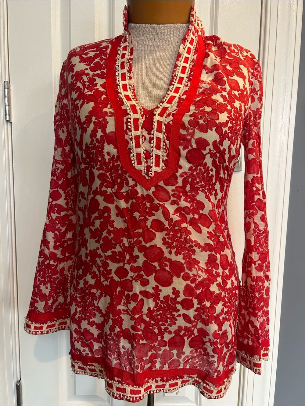 Tory Burch Red and Cream Floral Tunic with Embroidered V-Neck